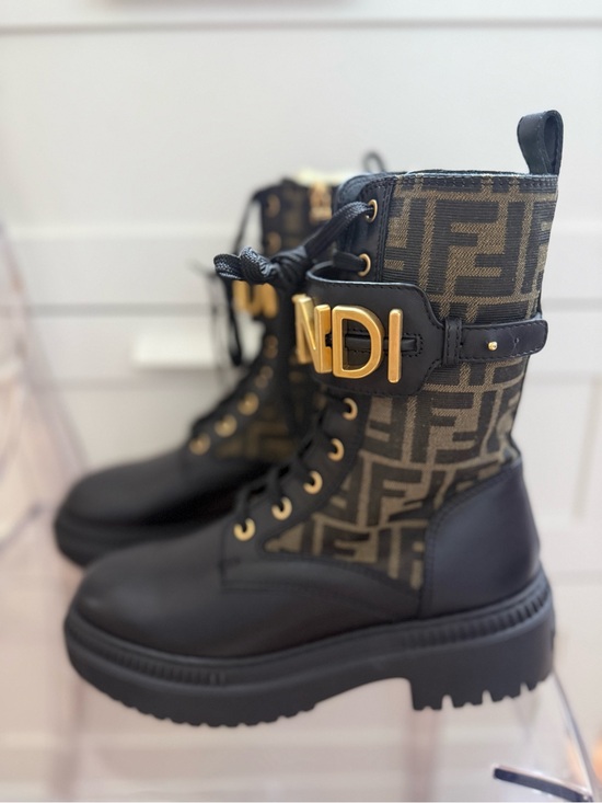 Fendi Shoes - Fendi Black Fendigraphy Biker Boots With Gold Hardware